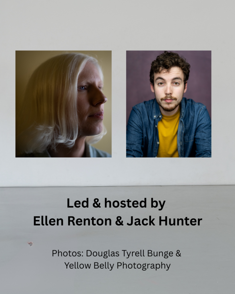 A composite image featuring Ellen Renton (a  white women in her 30s with white blond hair) and Jack Hunter (a white man with short brown curly hair in his early 30s). The image reads "led & hosted by Ellen Renton & Jack Hunter) and includes photo credits for each image.  