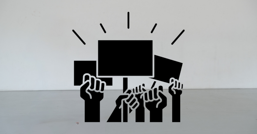 A black graphic on grey background featuring fists/hands held high and unmarked signs like a protest.
